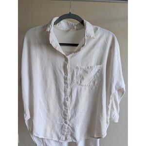 Style Rack Women Medium Linen Blend Striped Button Up Shirt Cream Tan Relaxed